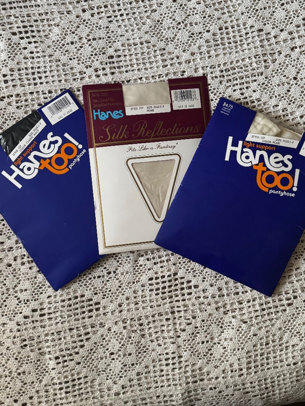 Lot of 3 Pair Hanes Pantyhose Plus Size E-F 2 pair Pearl 1 pair Classic Navy